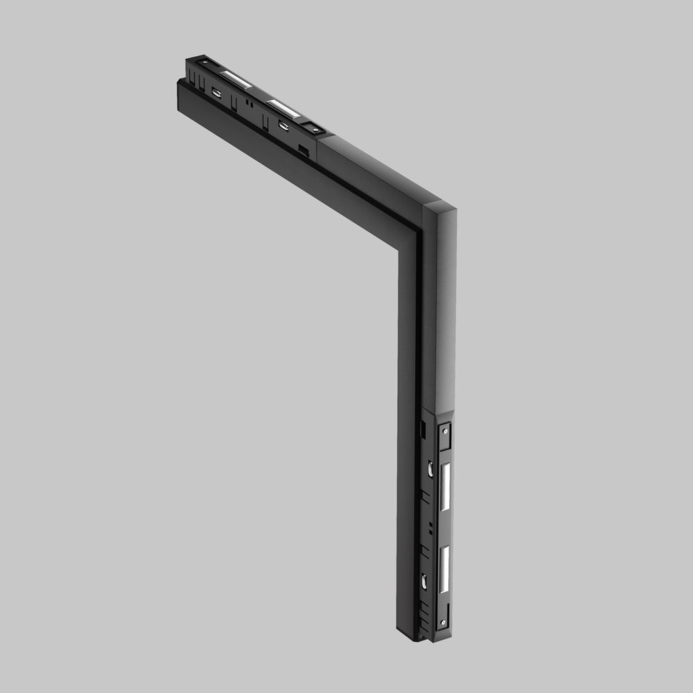 Vue produit 3D du profilé en L noir avec ses fixations et connexions.