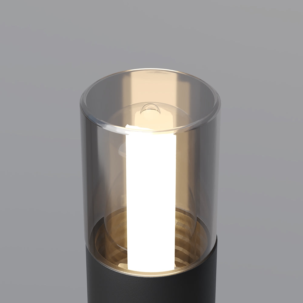 Détail du sommet transparent ambré avec module LED vertical allumé.