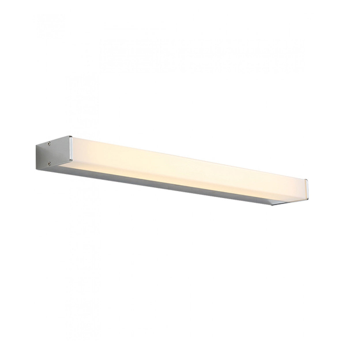Vue rapprochée du luminaire allumé, montrant la platine de fixation chromée
