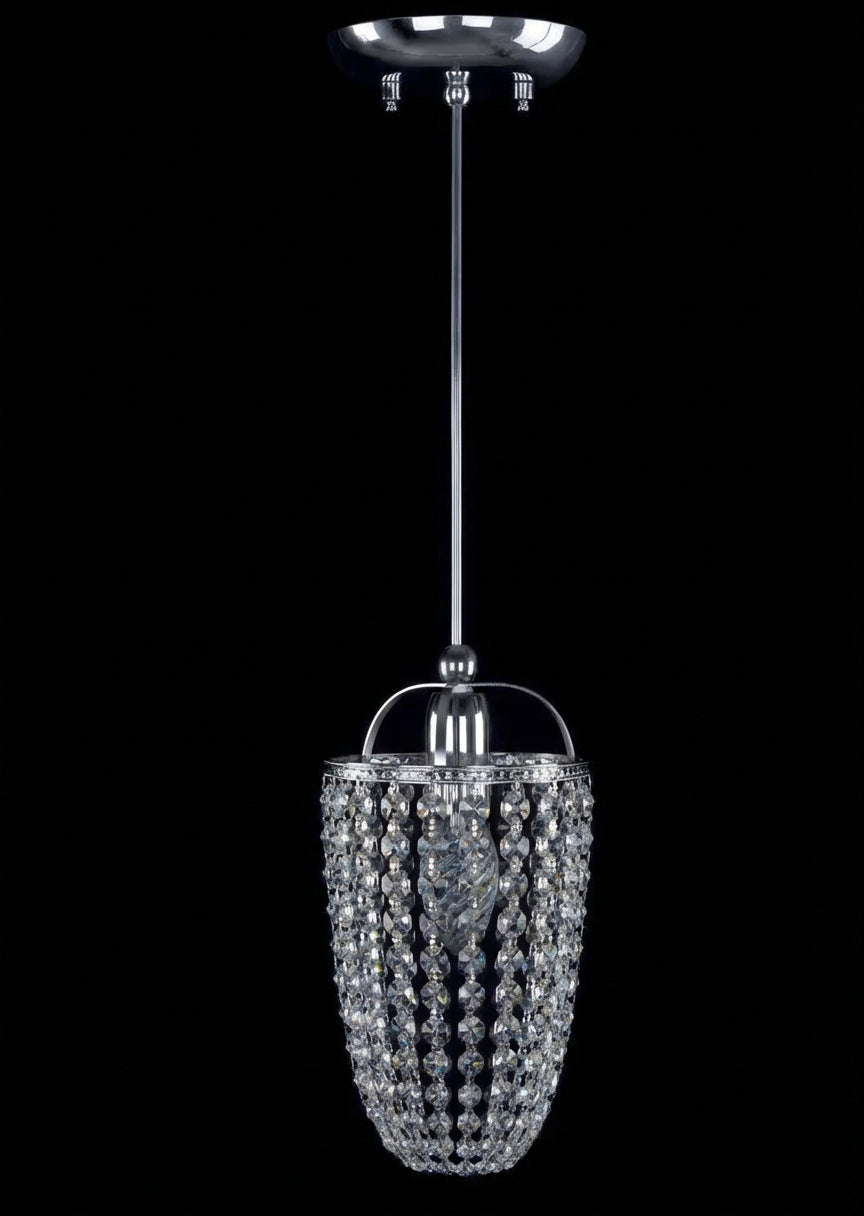 Même luminaire en finition chromée, perles de cristal suspendues en rangs