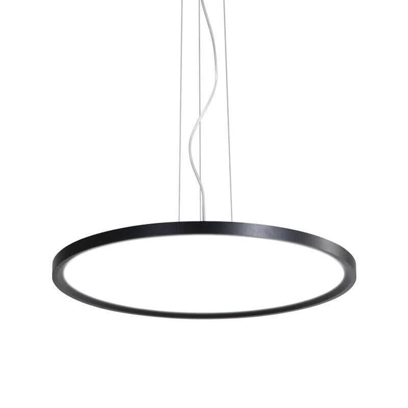 Vue de face du luminaire suspendu, anneau noir et diffuseur blanc