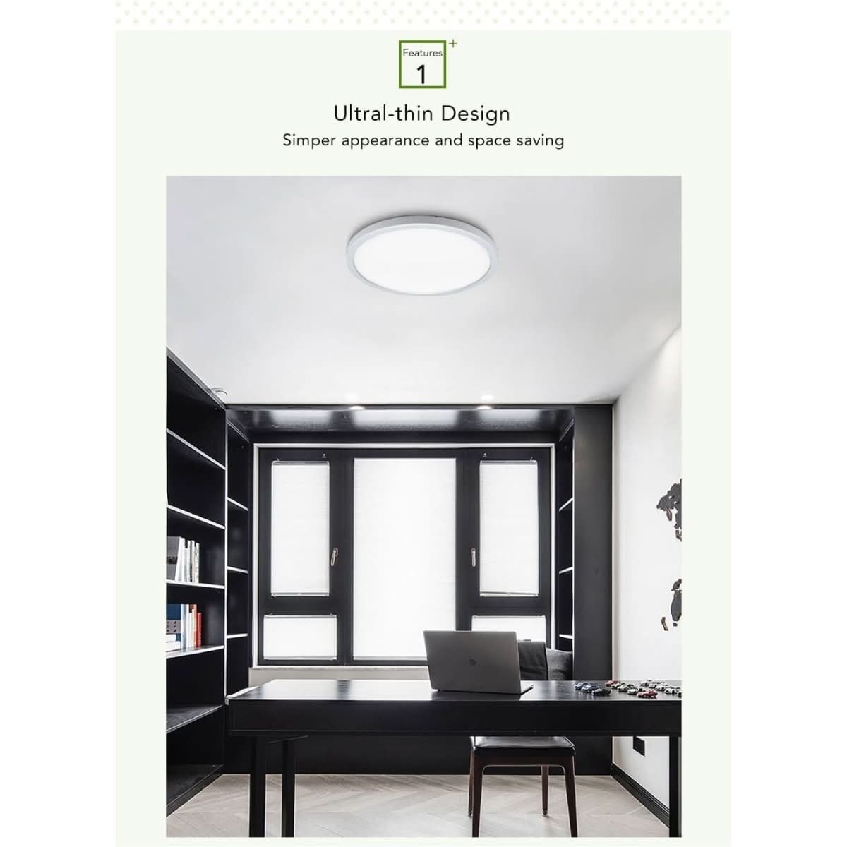 Bureau sombre avec plafonnier rond blanc allumé, illustration de la finesse
