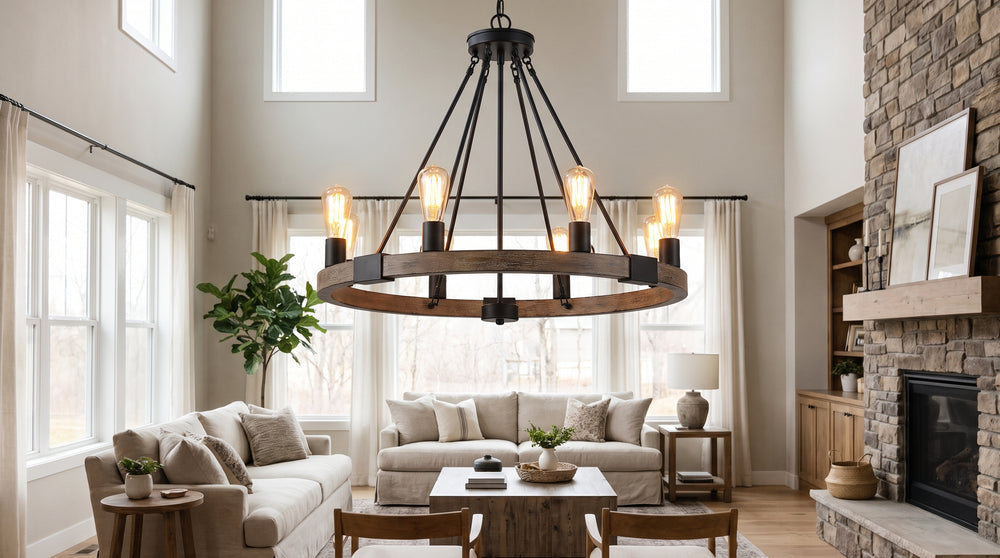 Kronleuchter aus Holz und Metall im Industrial-Stil