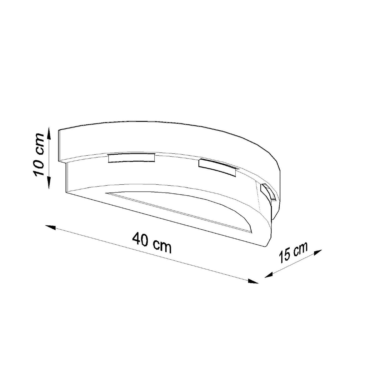 Schéma coté du luminaire : 40 cm de long, 15 cm de profondeur, 10 cm de haut