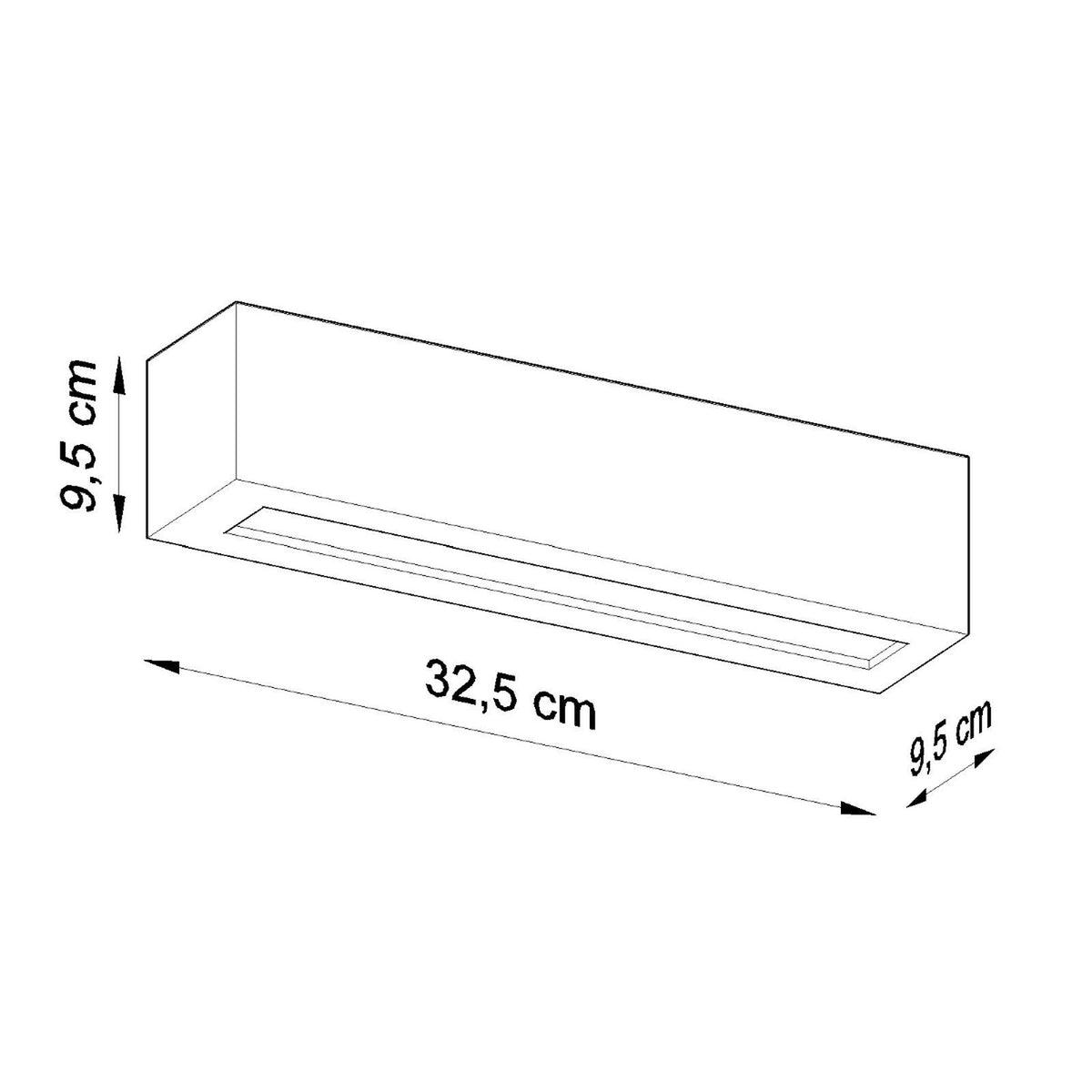 Schéma technique côté du luminaire : 32,5 cm par 9,5 cm par 9,5 cm