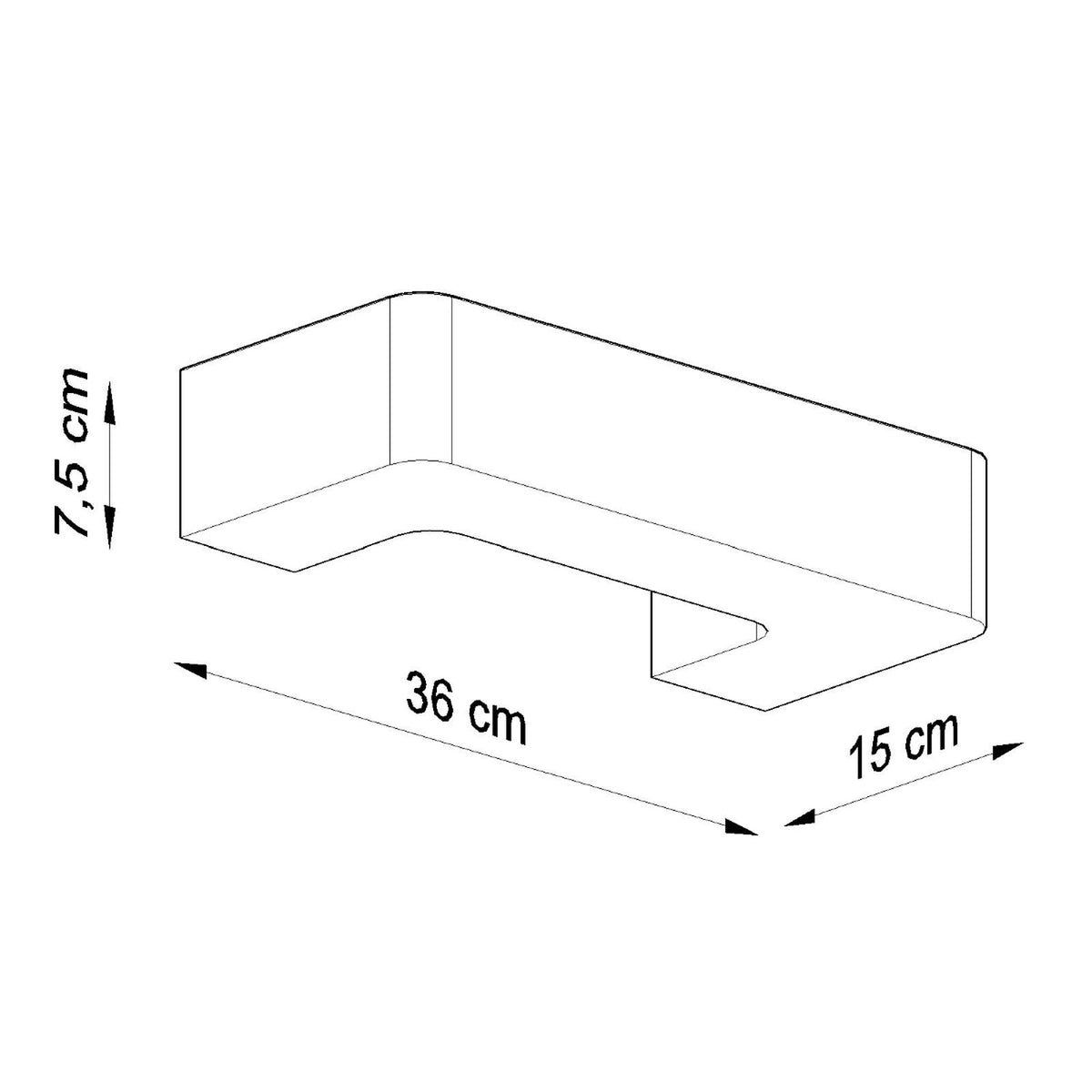 Schéma coté du luminaire avec les dimensions de 36, 15 et 7,5 cm