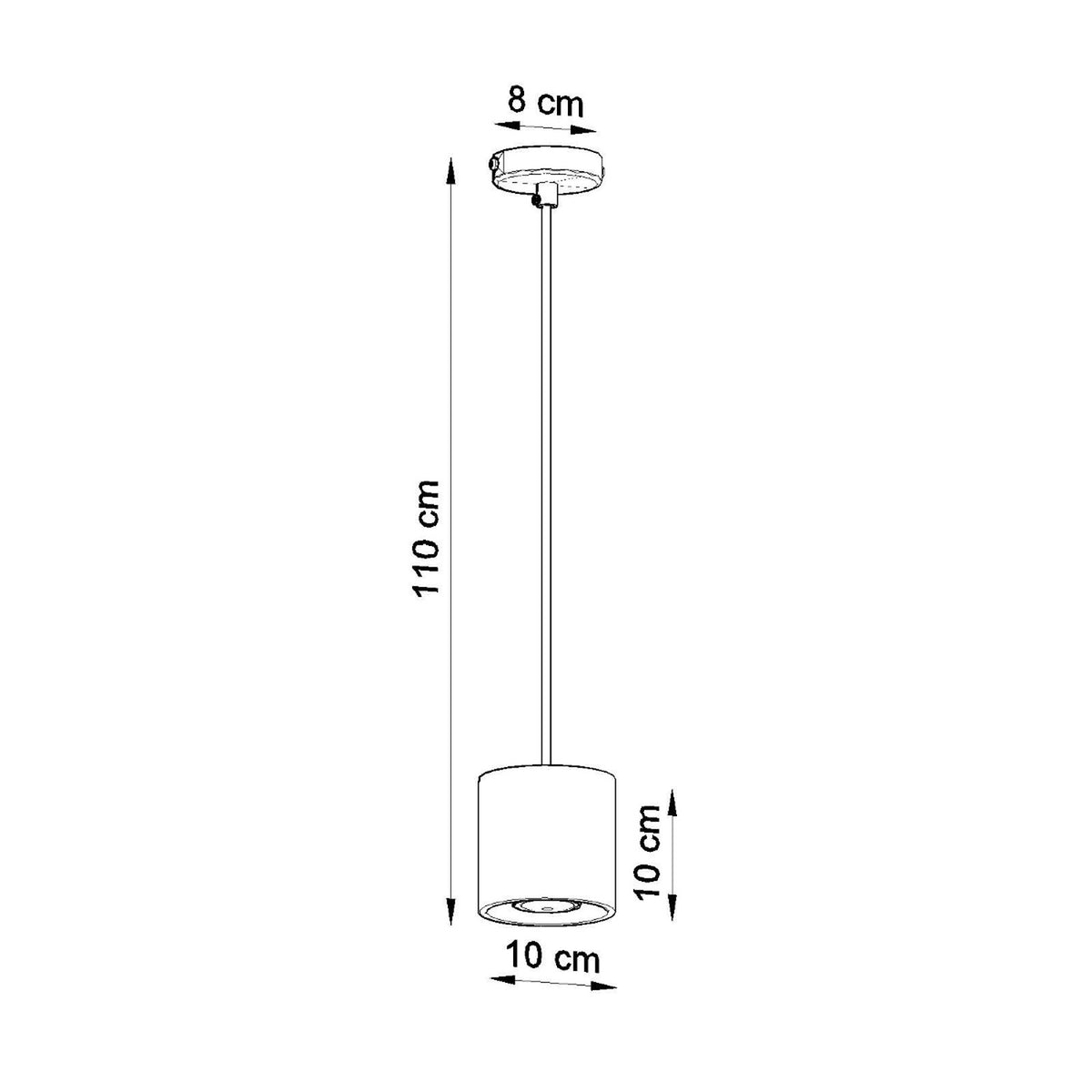Schéma coté de la suspension indiquant 110 cm de haut et 10 cm de diamètre.