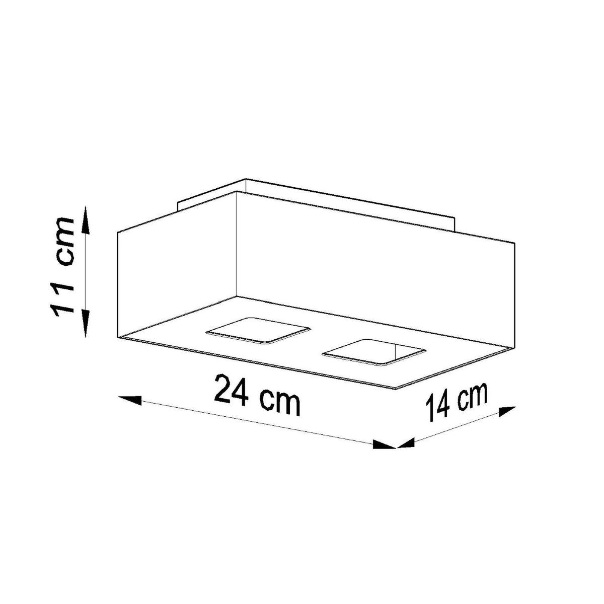 Schéma coté du boîtier : 24 cm de long, 14 cm de large, 11 cm de haut