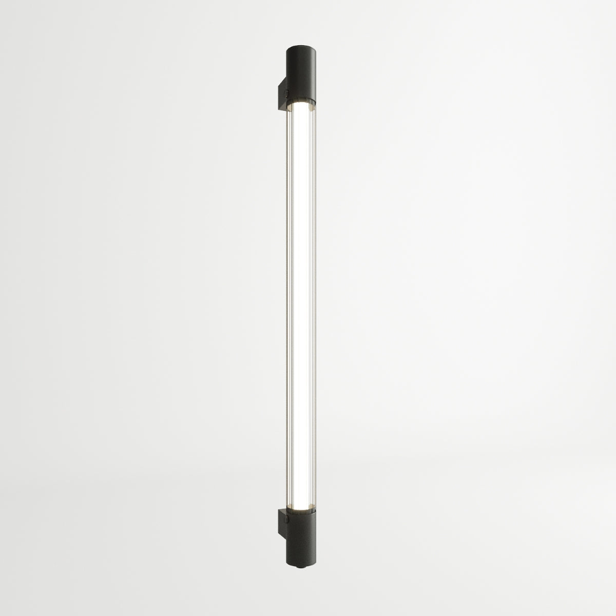 Vue de face du même luminaire allumé, diffusant une lumière blanche continue