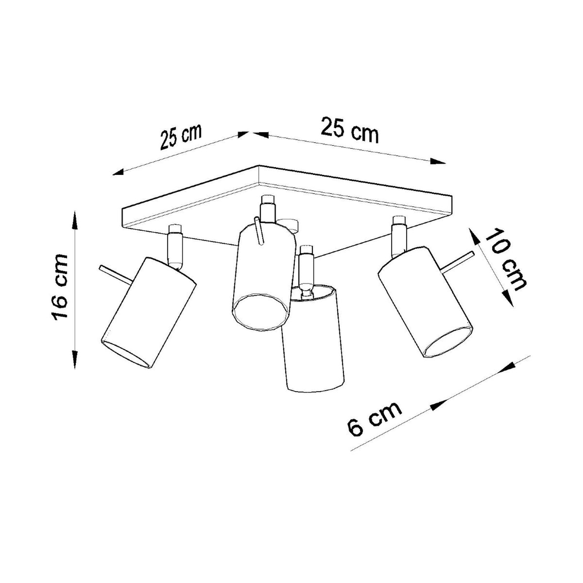 Schéma coté du plafonnier : base 25 cm, hauteur 16 cm, spots 10 cm