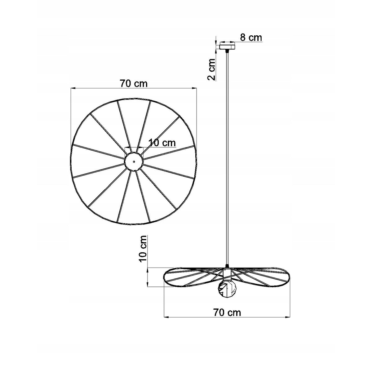 Schéma de dimensions du luminaire avec diamètre 70 cm et hauteur