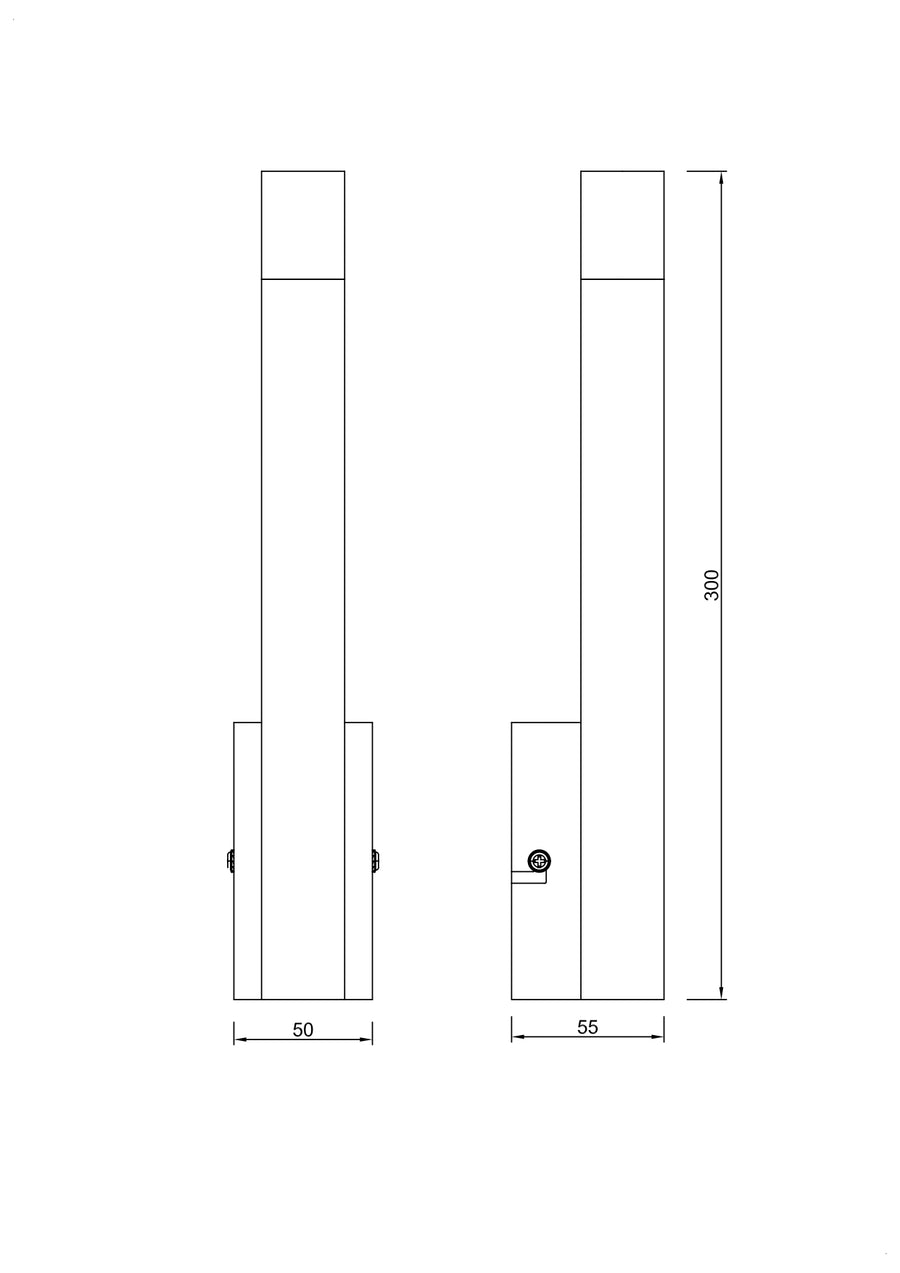 Schéma coté du luminaire : hauteur 300 mm, largeur 50 et 55 mm