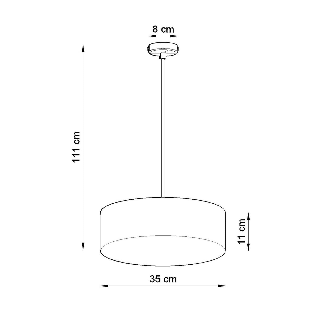 Schéma coté du luminaire : diamètre 35 cm, hauteur 111 cm et base 8 cm