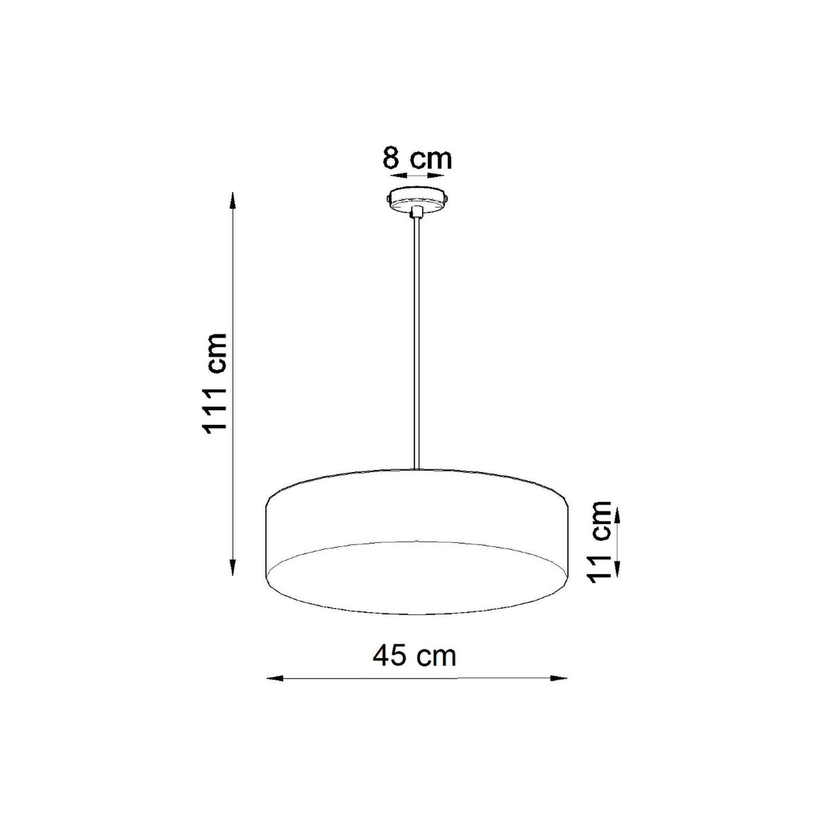 Schéma de dimensions indiquant 45 cm de diamètre, 11 et 111 cm de hauteur.