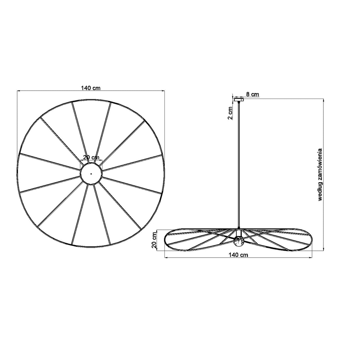 Schéma technique coté du luminaire avec diamètre 140 cm et hauteur 20 cm