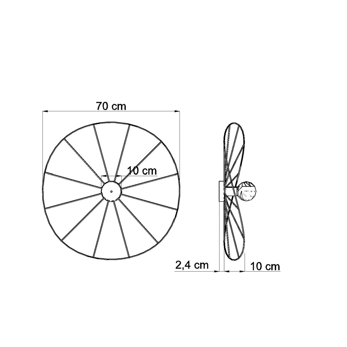 Schéma de dimensions du luminaire avec diamètre 70 cm et saillie de 10 cm.