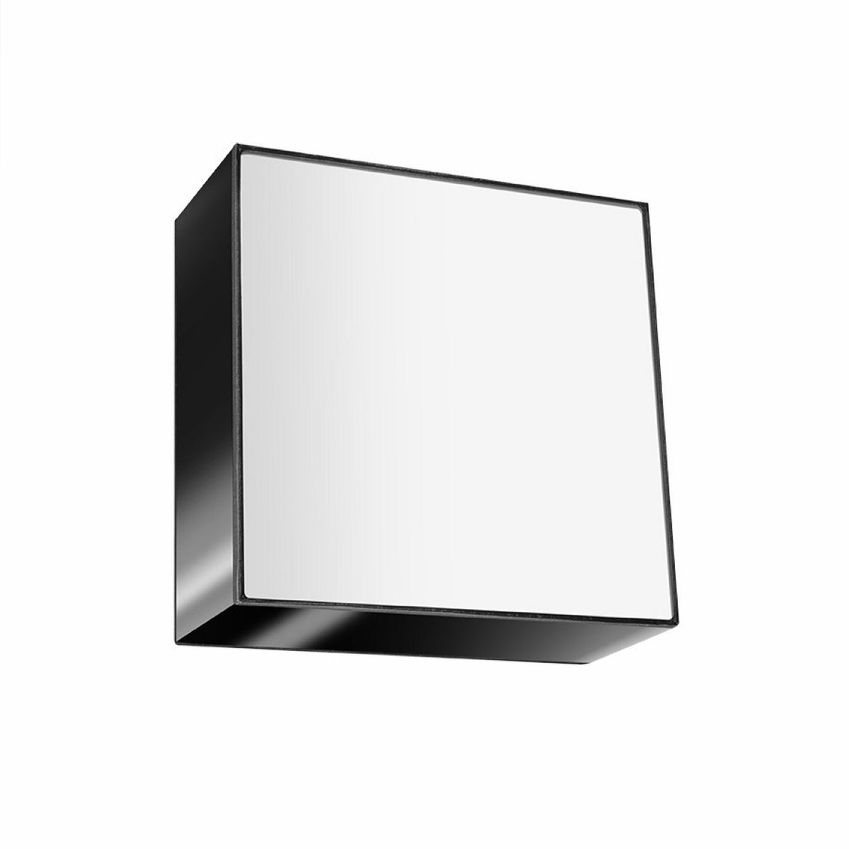 Vue latérale du boîtier carré noir avec face diffusante blanche, sur fond blanc.