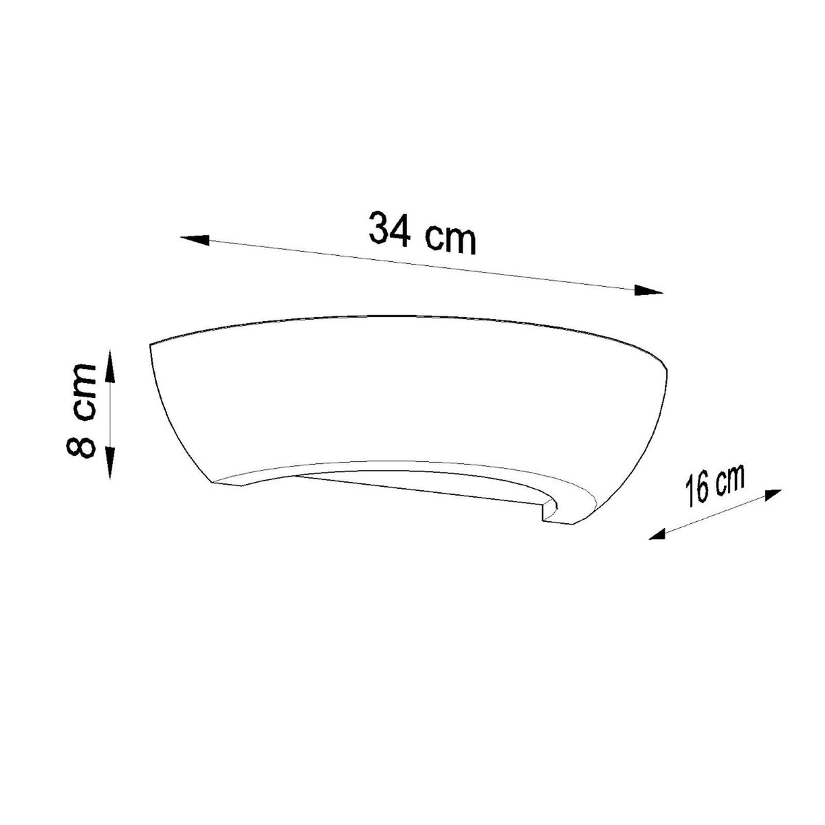 Schéma technique coté en centimètres : largeur 34 cm, hauteur 8 cm, profondeur 16 cm