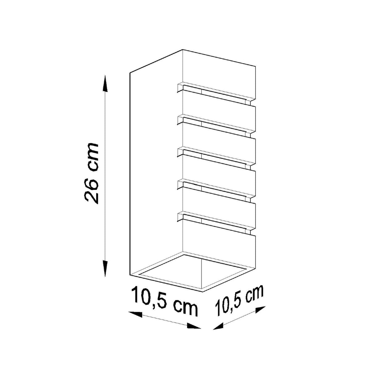 Schéma technique coté : hauteur 26 cm, largeur et profondeur 10,5 cm.