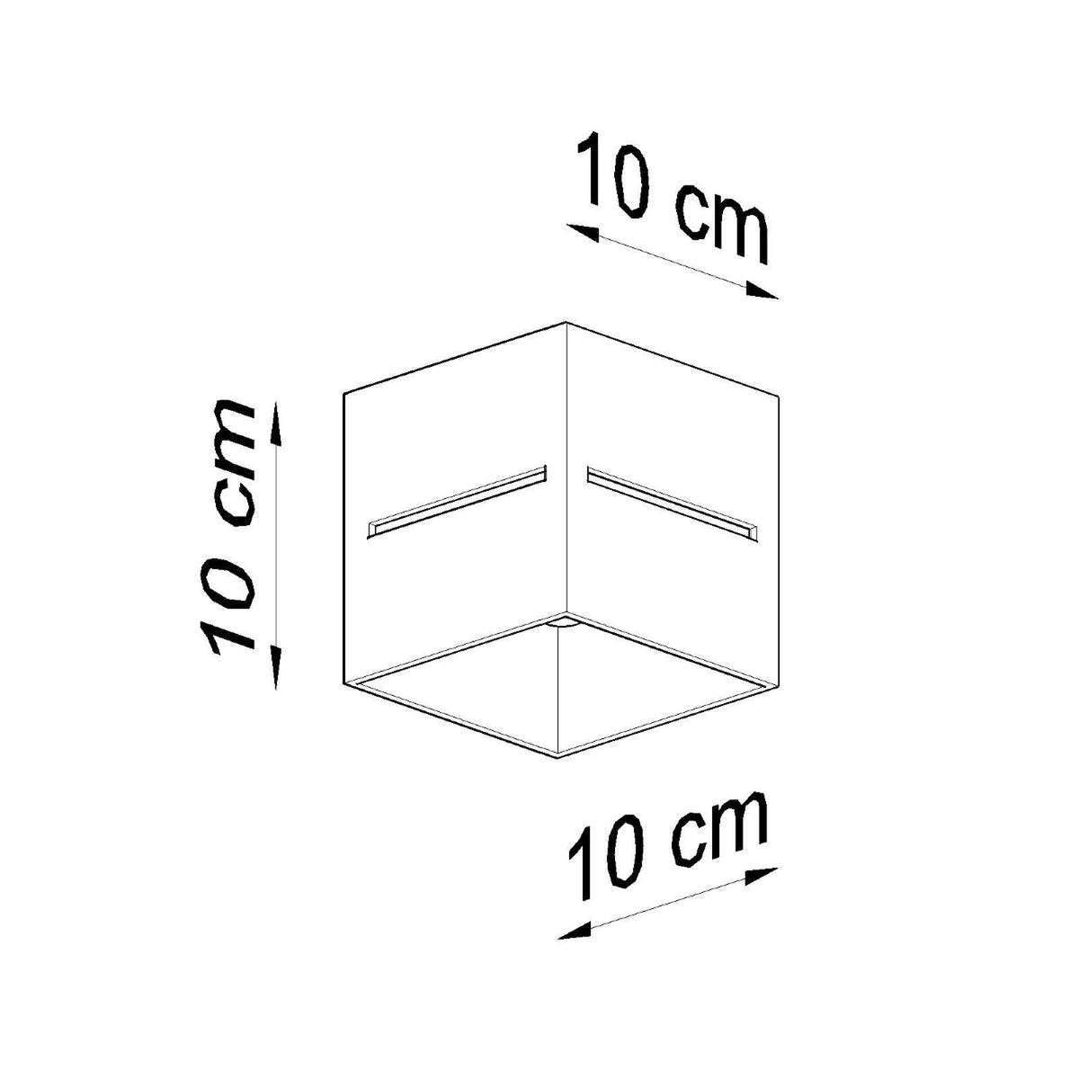 Schéma coté du plafonnier cube indiquant dix centimètres de largeur, hauteur et profondeur.
