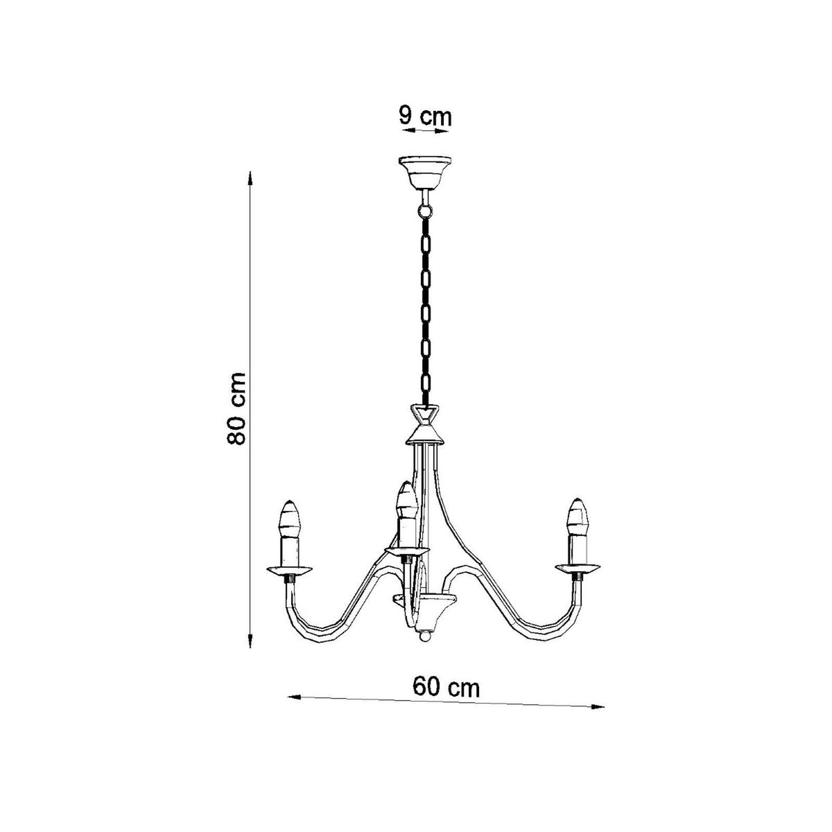 Schéma coté du lustre : hauteur 80 cm, largeur 60 cm, rosace de fixation 9 cm.