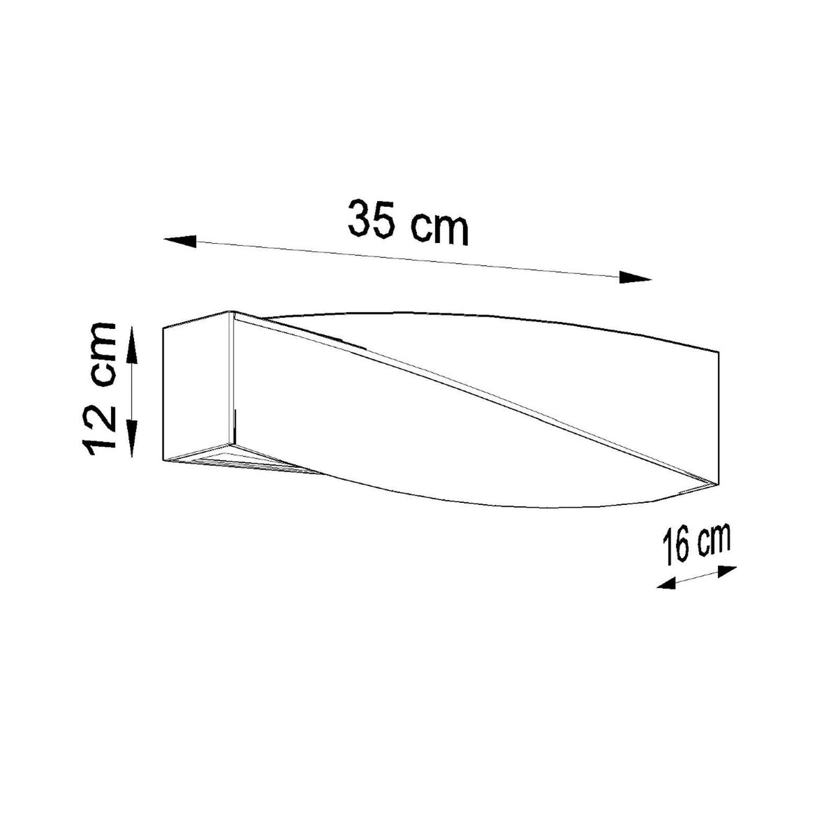 Schéma technique coté du luminaire avec largeur 35, hauteur 12 et profondeur 16 cm