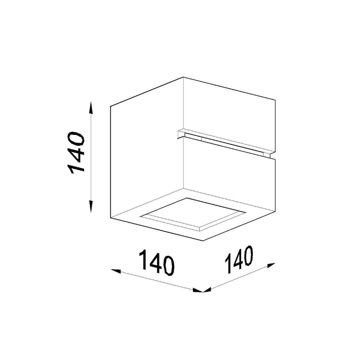 Schéma isométrique coté du luminaire indiquant les dimensions 140 par 140 par 140.