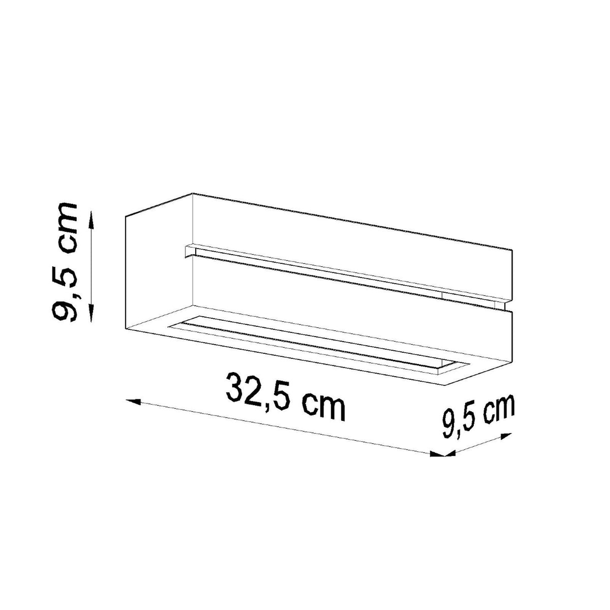 Schéma technique avec dimensions : 32,5 cm de large, 9,5 cm de haut, 9,5 cm de profondeur.