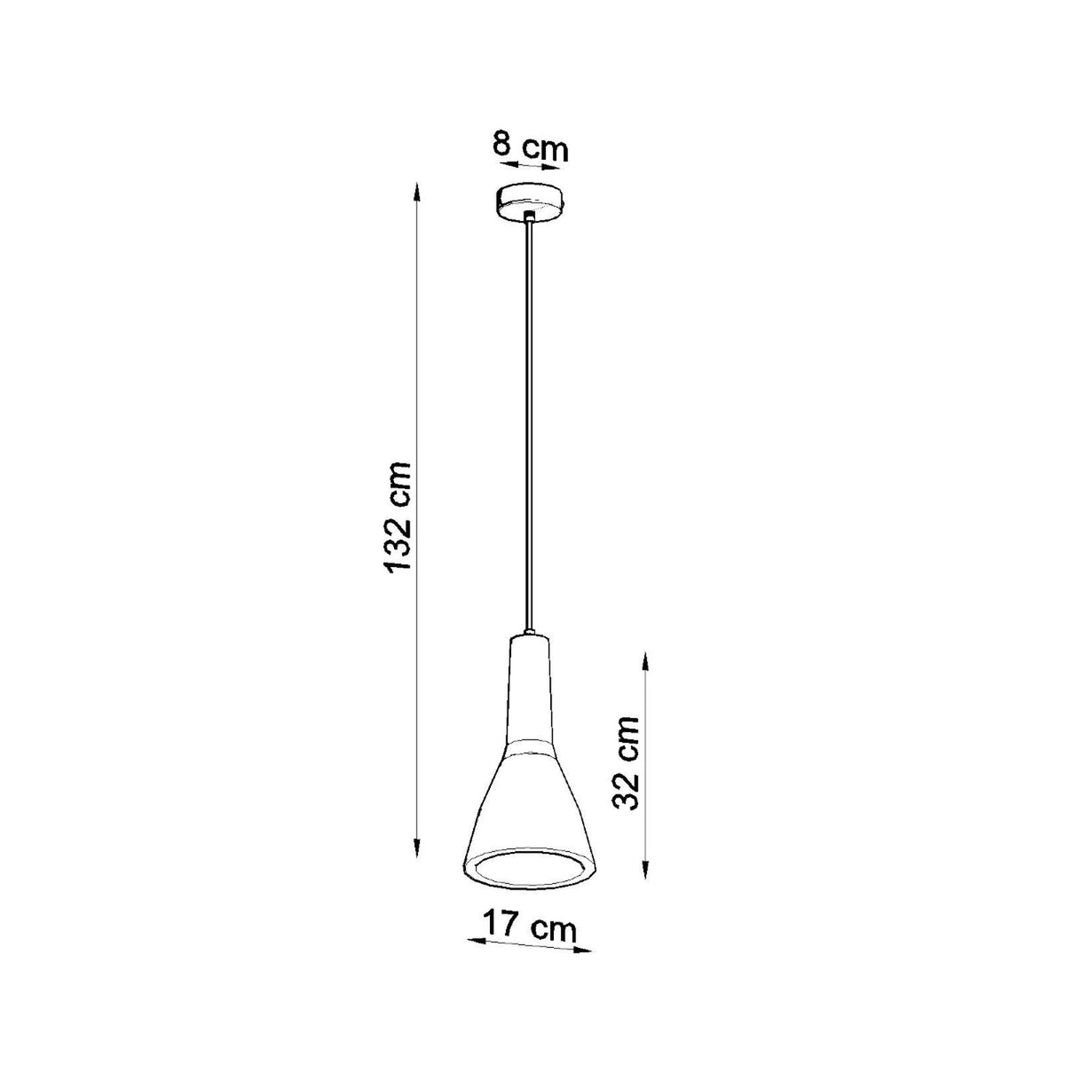 Schéma coté avec hauteur totale 132 cm, abat-jour 32 cm et diamètre 17 cm