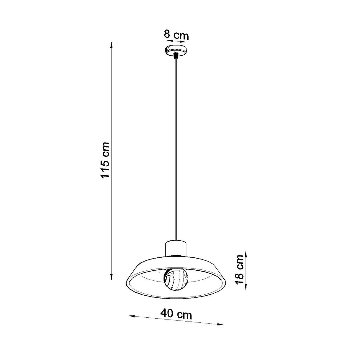 Schéma de dimensions cotées : 115 cm de hauteur, 40 cm de diamètre, 18 cm de diffuseur.