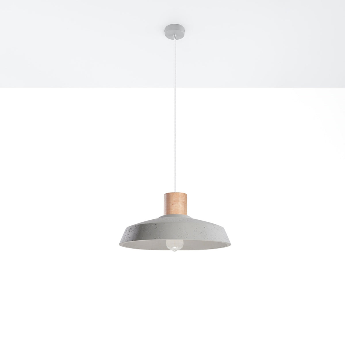 Produit entier sur fond blanc, câble fin et rosace de plafond apparents.