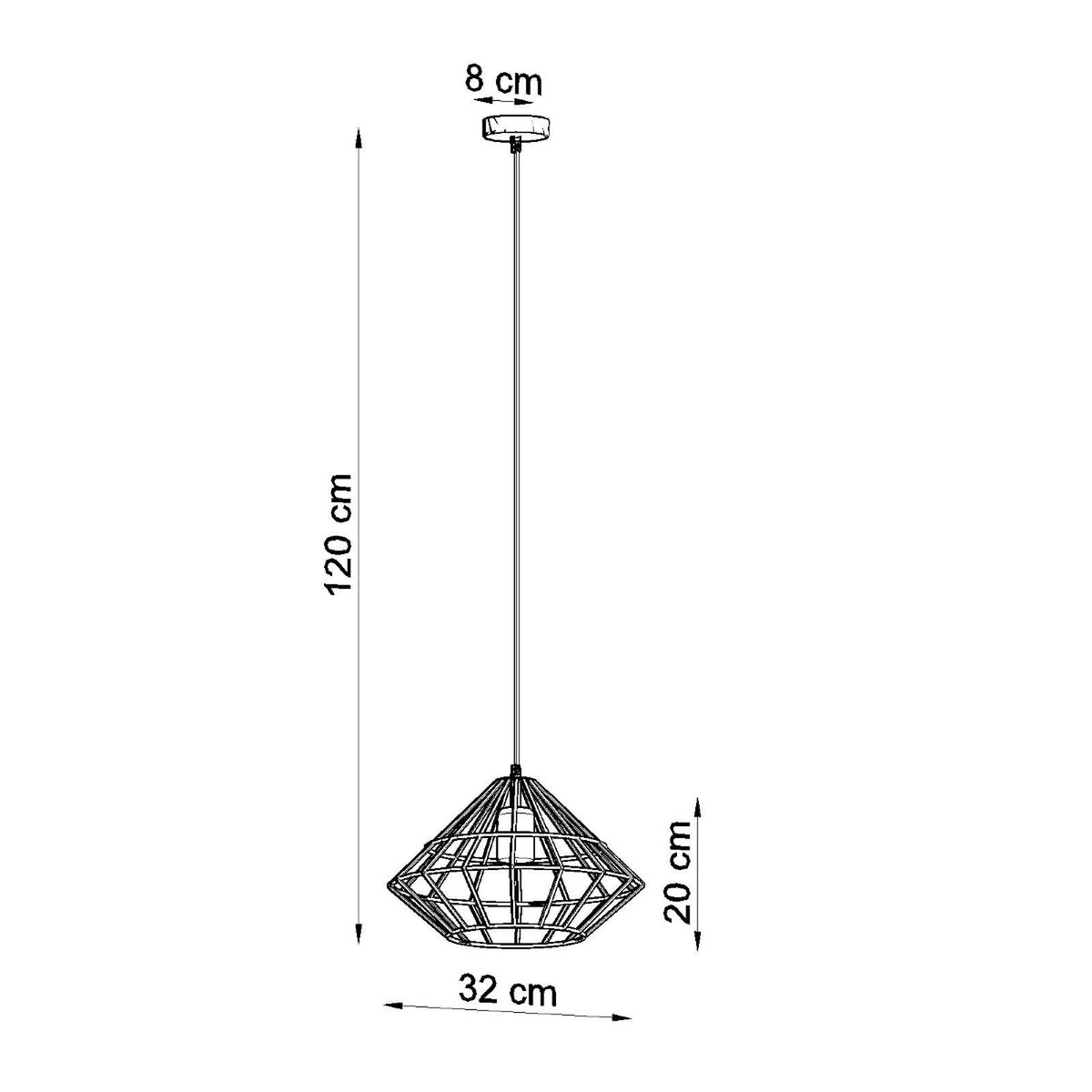 Schéma coté indiquant hauteur totale 120 cm, diamètre 32 cm et hauteur abat-jour 20 cm