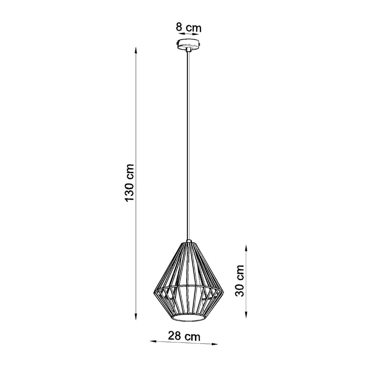Schéma coté du luminaire : hauteur 130 cm, diamètre 28 cm, abat-jour 30 cm.