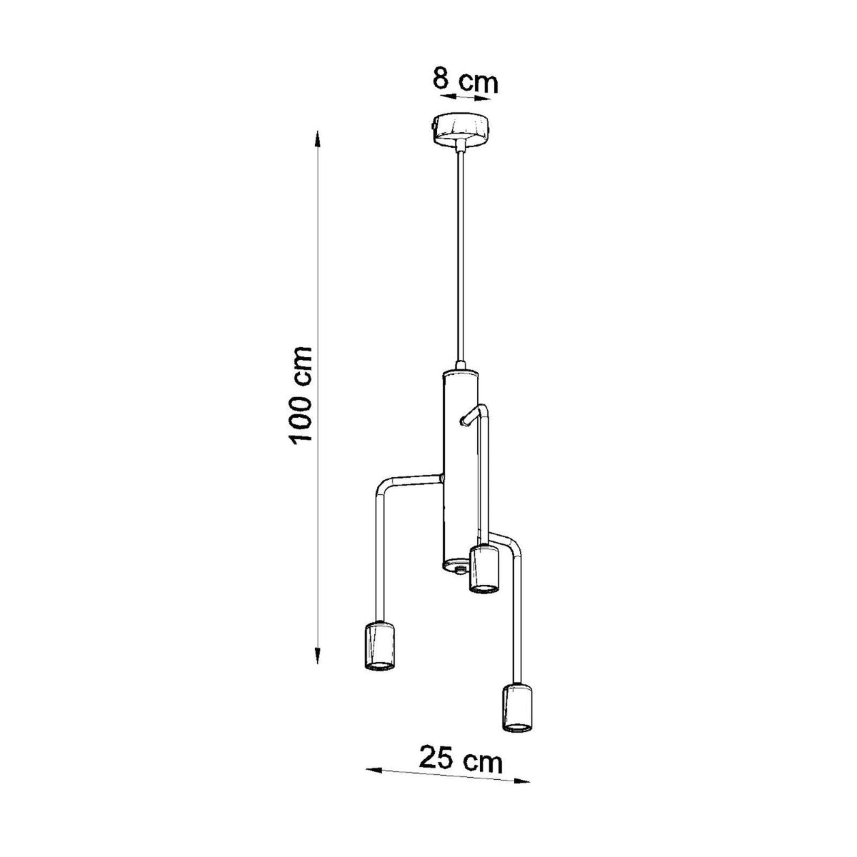 Schéma coté du luminaire : hauteur 100 cm, largeur 25 cm, base de plafond 8 cm.