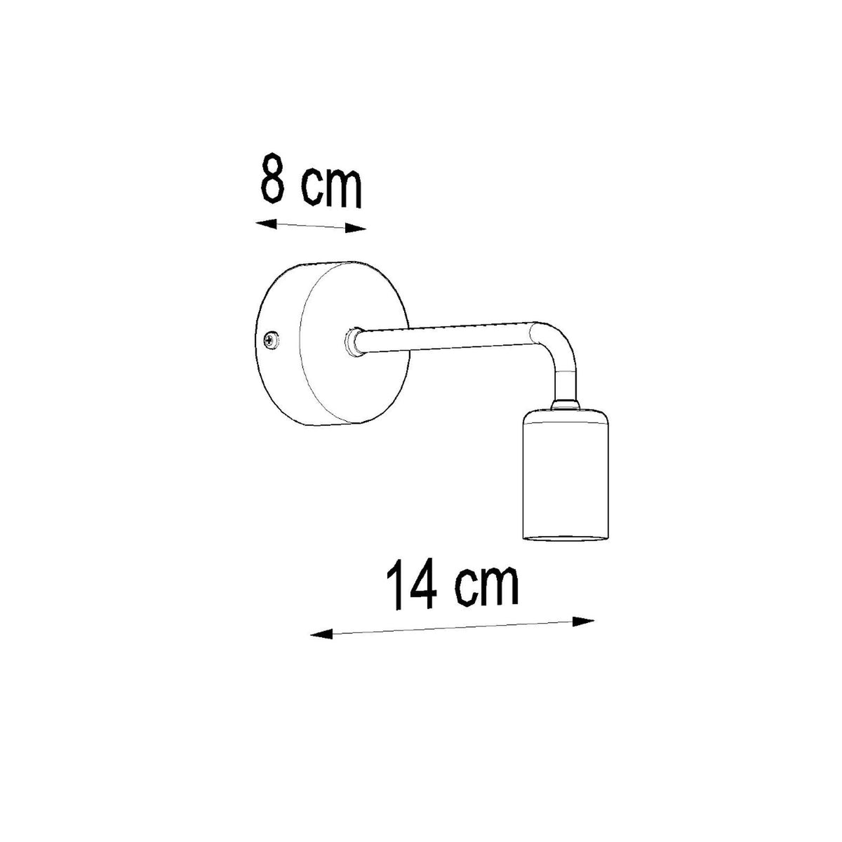 Schéma coté de l'applique : base murale de 8 cm et bras de 14 cm.