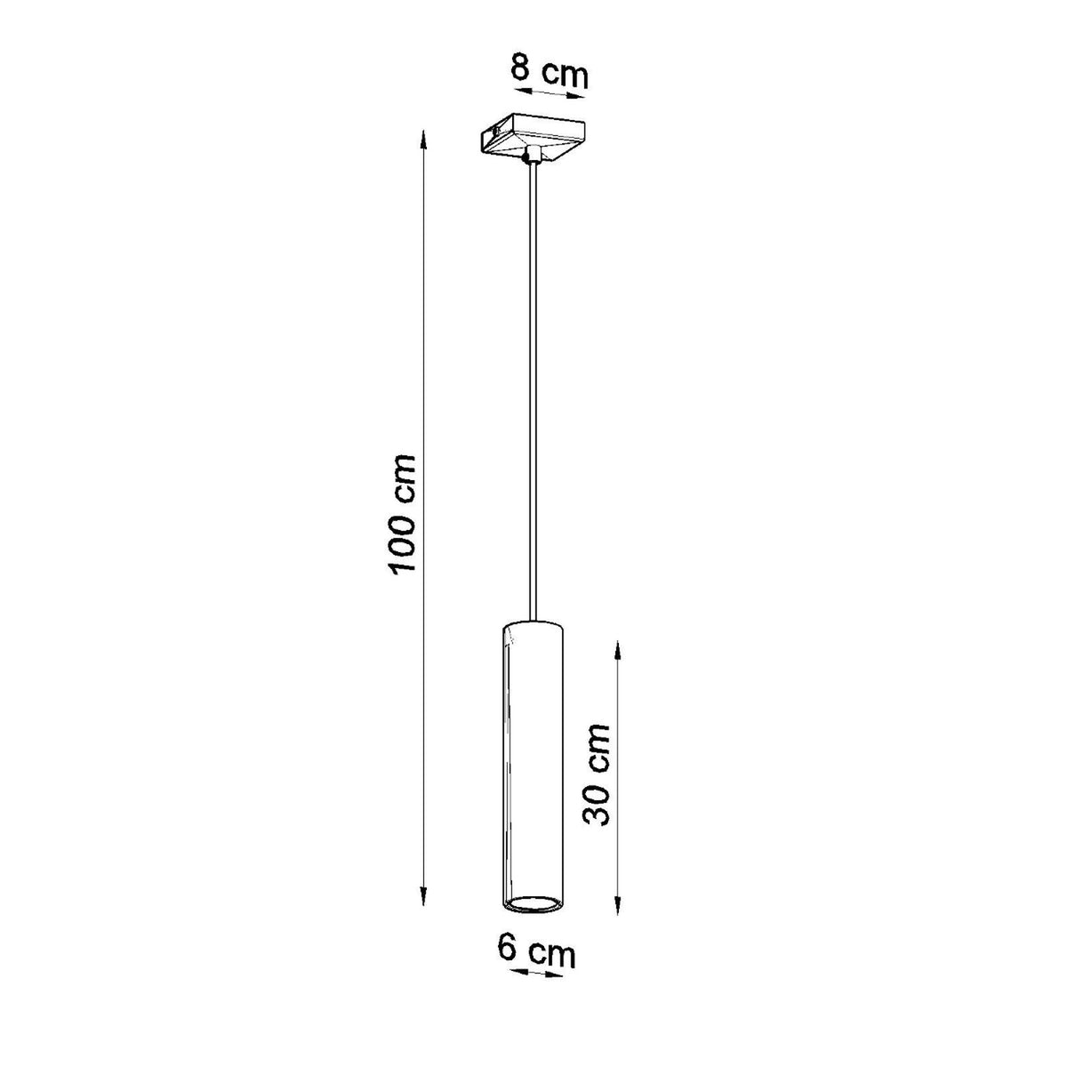 Schéma coté indiquant 100 cm de hauteur totale, rosace 8 cm et cylindre 30 cm