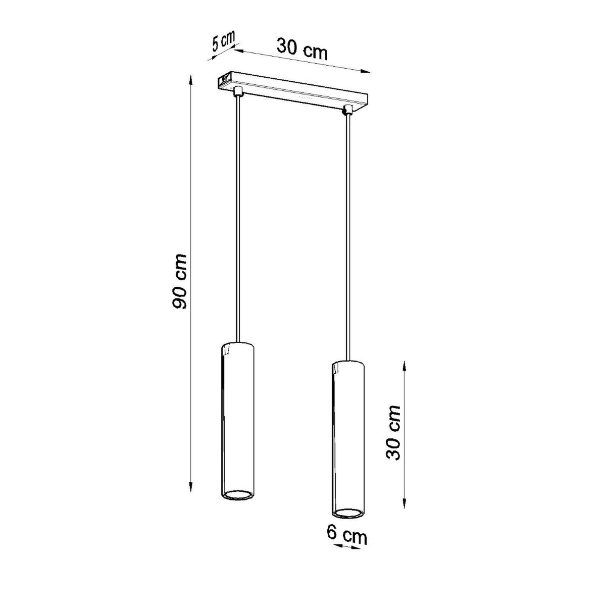 Schéma coté : longueur totale 90 cm, cylindres 30 cm, embase 30 cm.