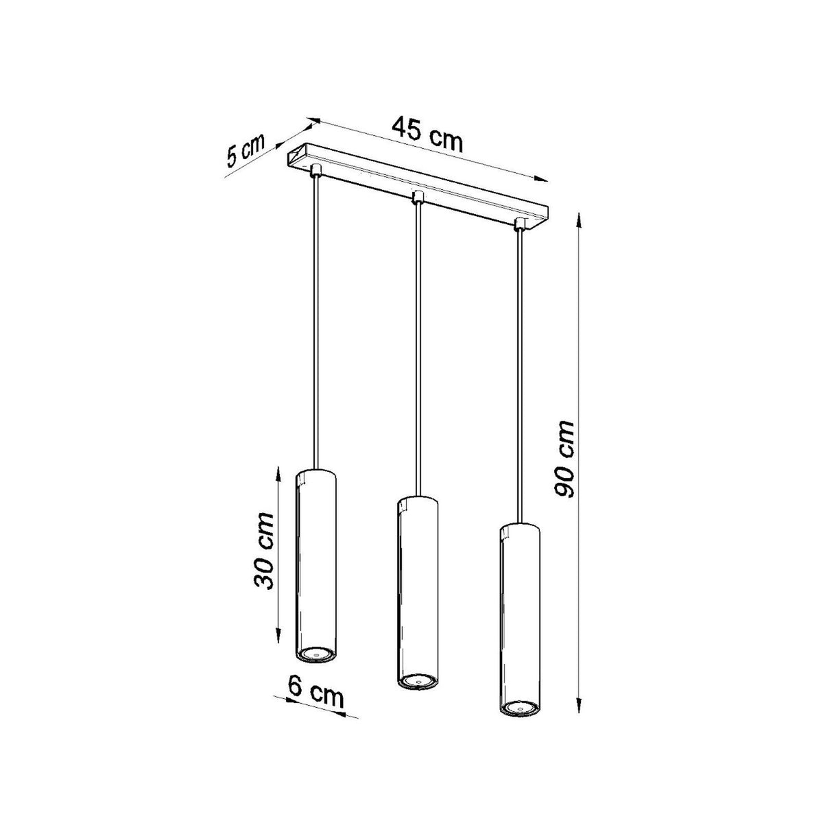 Schéma technique coté : barre 45 cm, hauteur 90 cm, cylindres 30 cm.