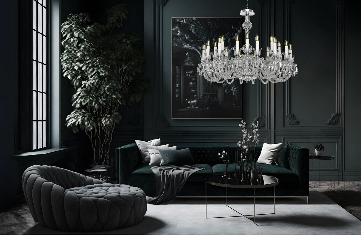 Mise en ambiance d'un salon sombre avec le lustre suspendu au plafond
