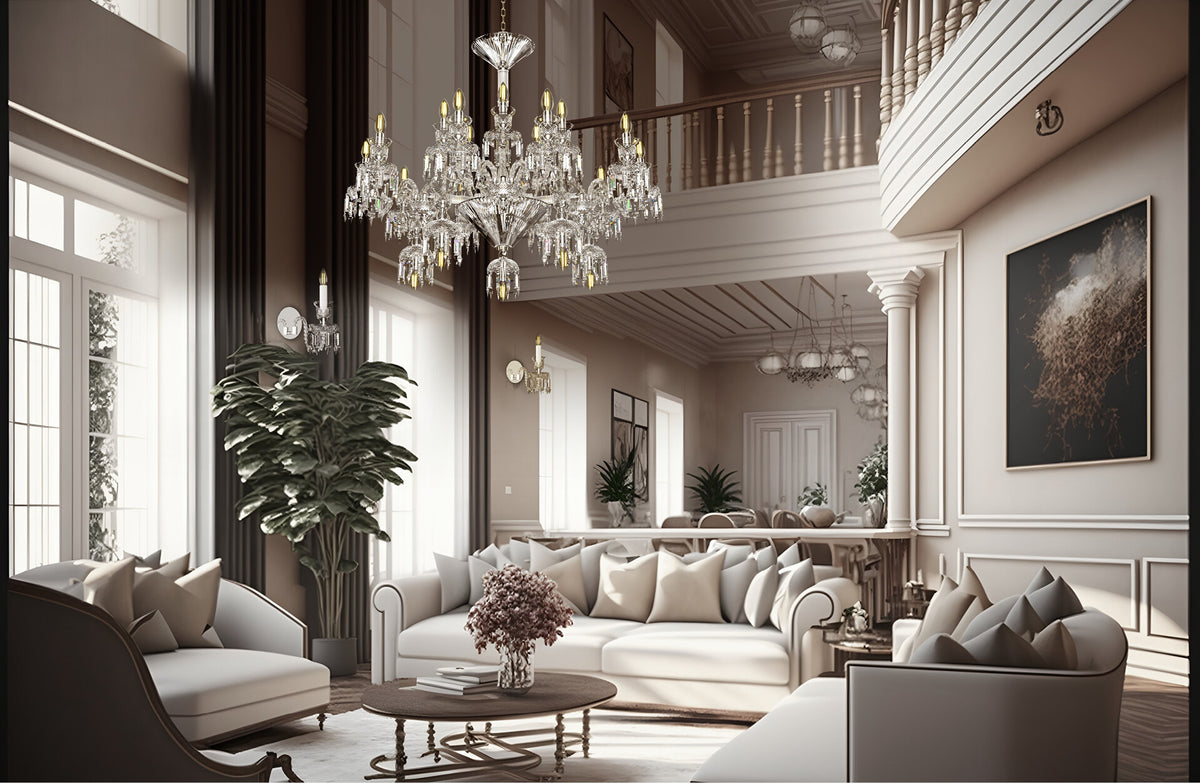 Mise en ambiance du lustre suspendu dans un salon classique à double hauteur