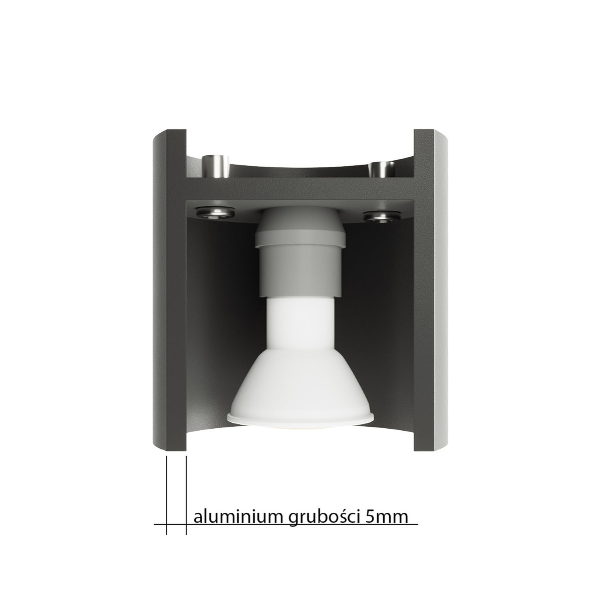 Détail intérieur du luminaire avec douille, ampoule et épaisseur aluminium 5 mm