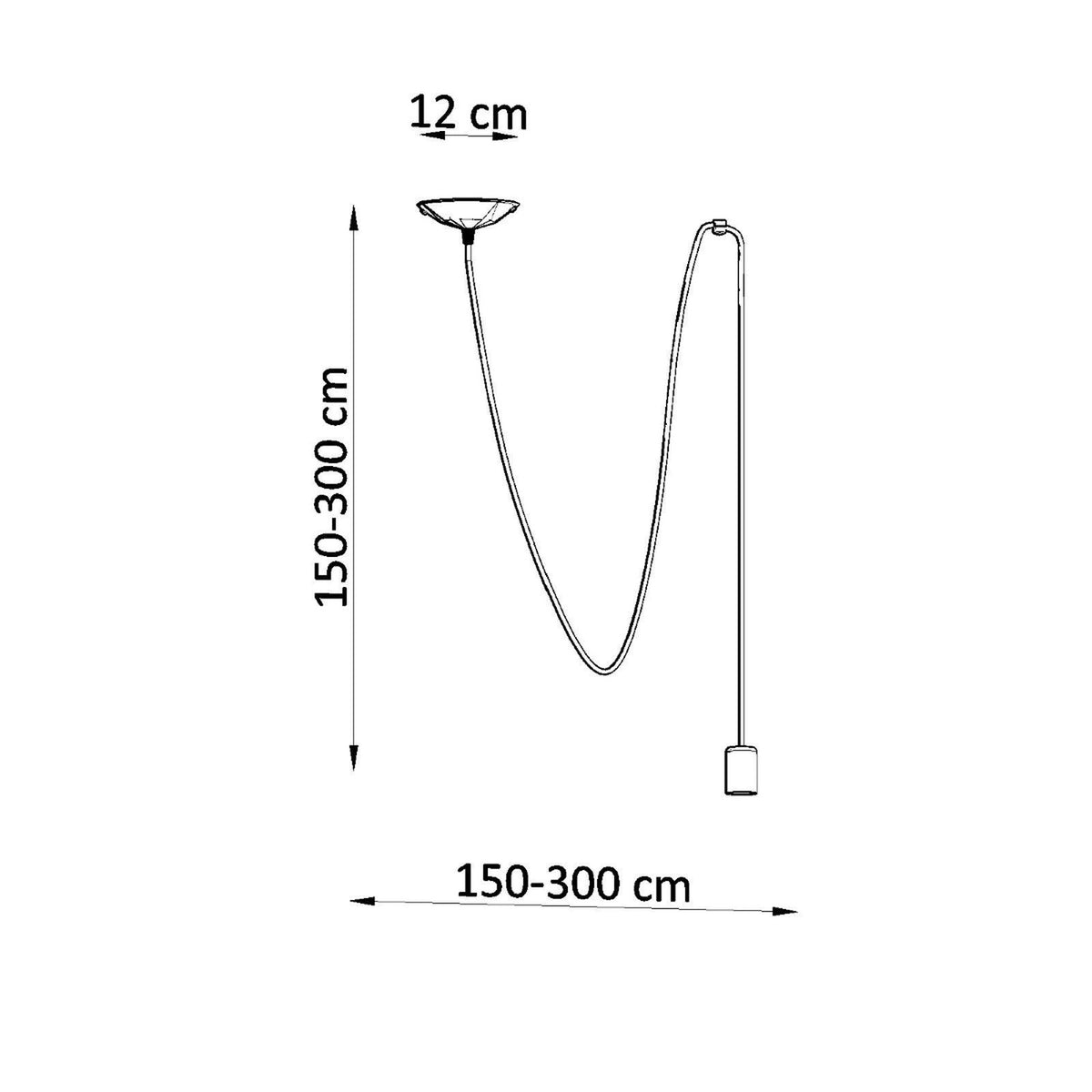 Schéma coté du luminaire, hauteur réglable de 150 à 300 cm, rosace 12 cm.