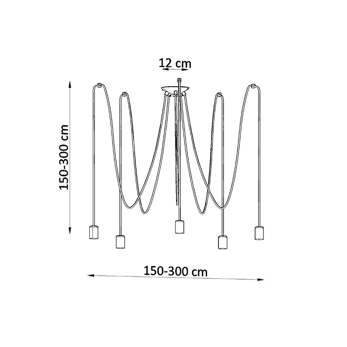 Schéma coté du luminaire : hauteur et largeur réglables de 150 à 300 cm.