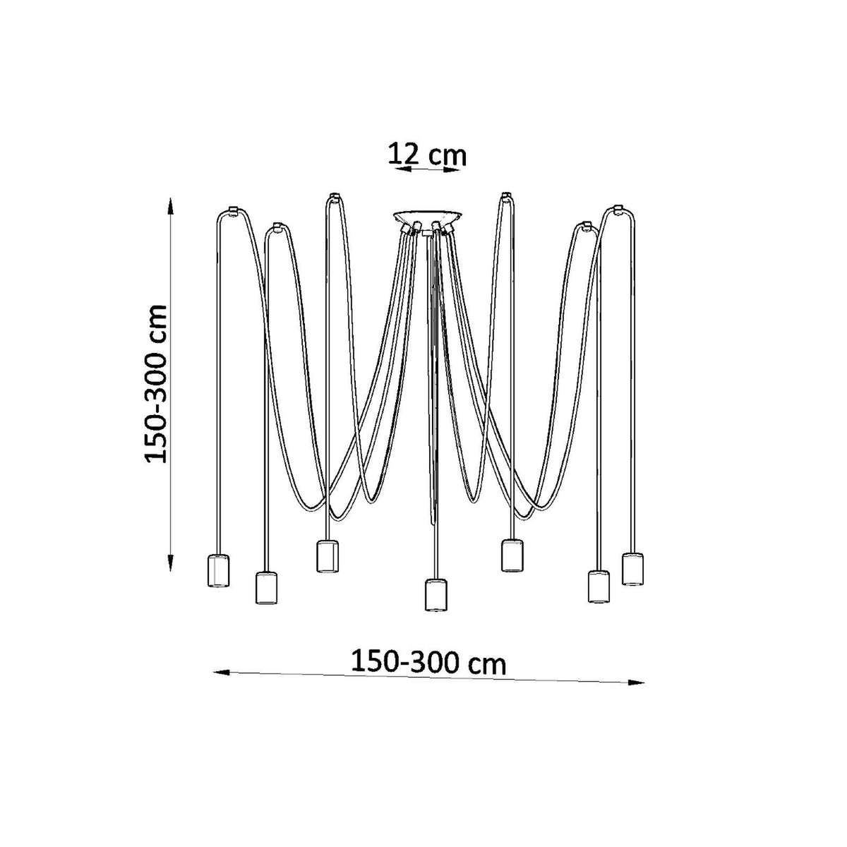 Schéma coté du luminaire, hauteur et largeur réglables de 150 à 300 cm