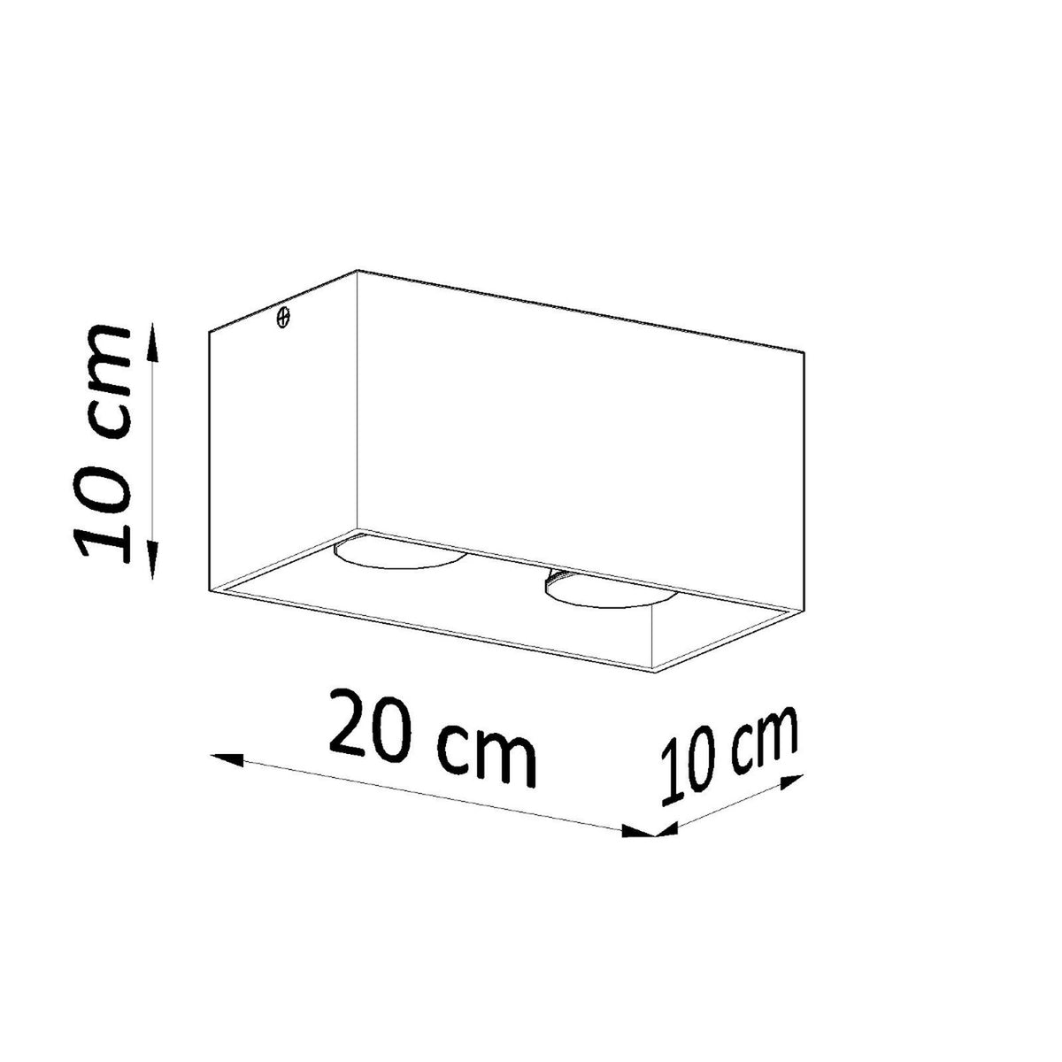 Schéma coté du plafonnier rectangulaire, dimensions 20 cm par 10 cm, hauteur 10 cm.