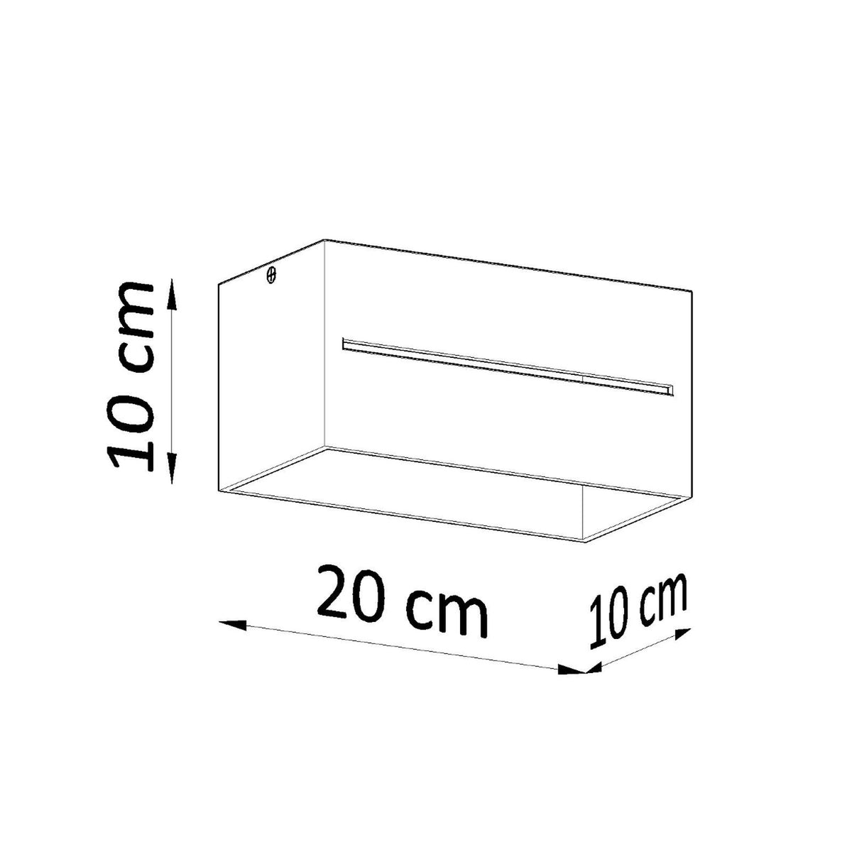 Schéma coté du plafonnier : 20 cm de large, 10 cm de haut, 10 cm de profondeur.