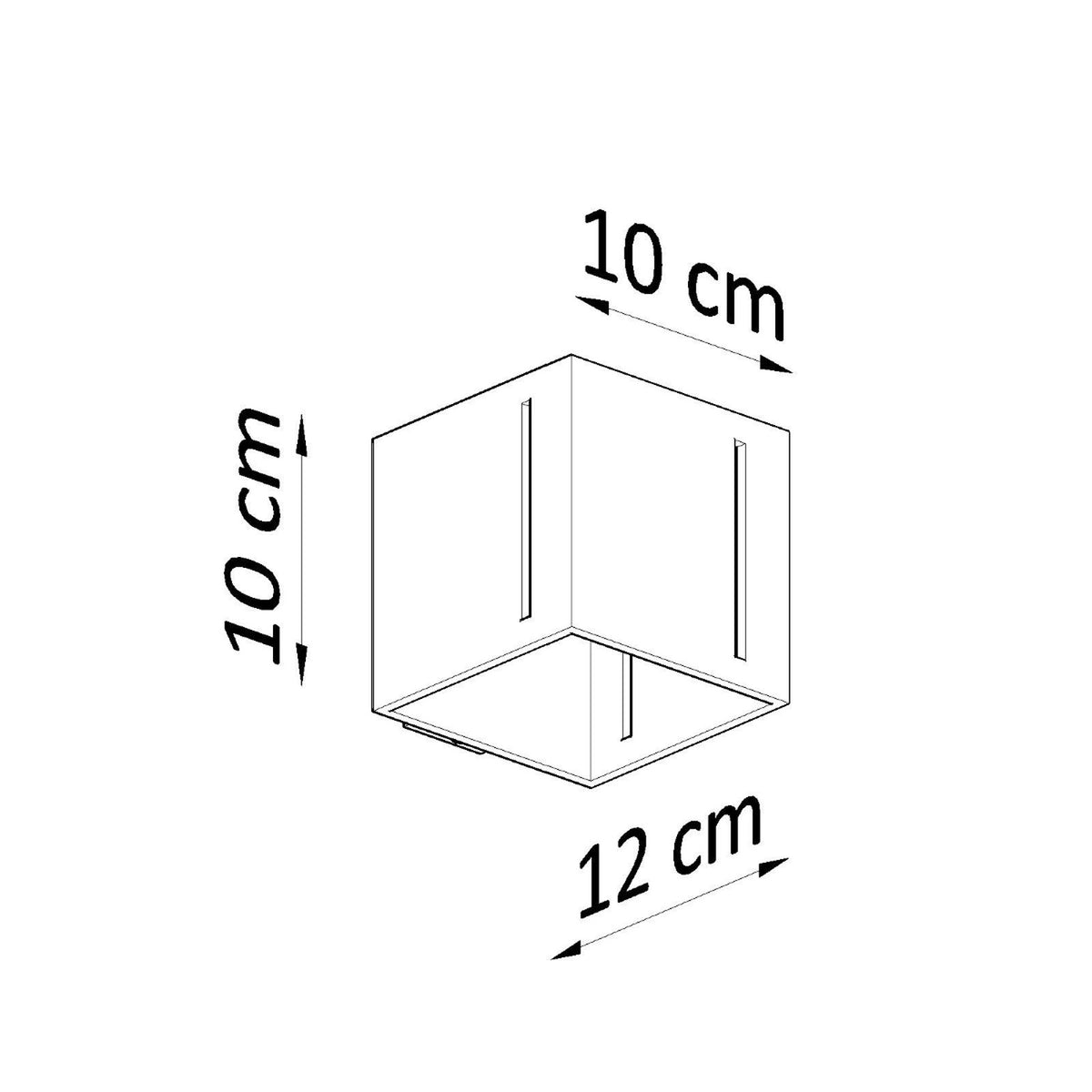 Schéma coté du luminaire rectangulaire : dix centimètres de haut, dix de large, douze de profondeur.
