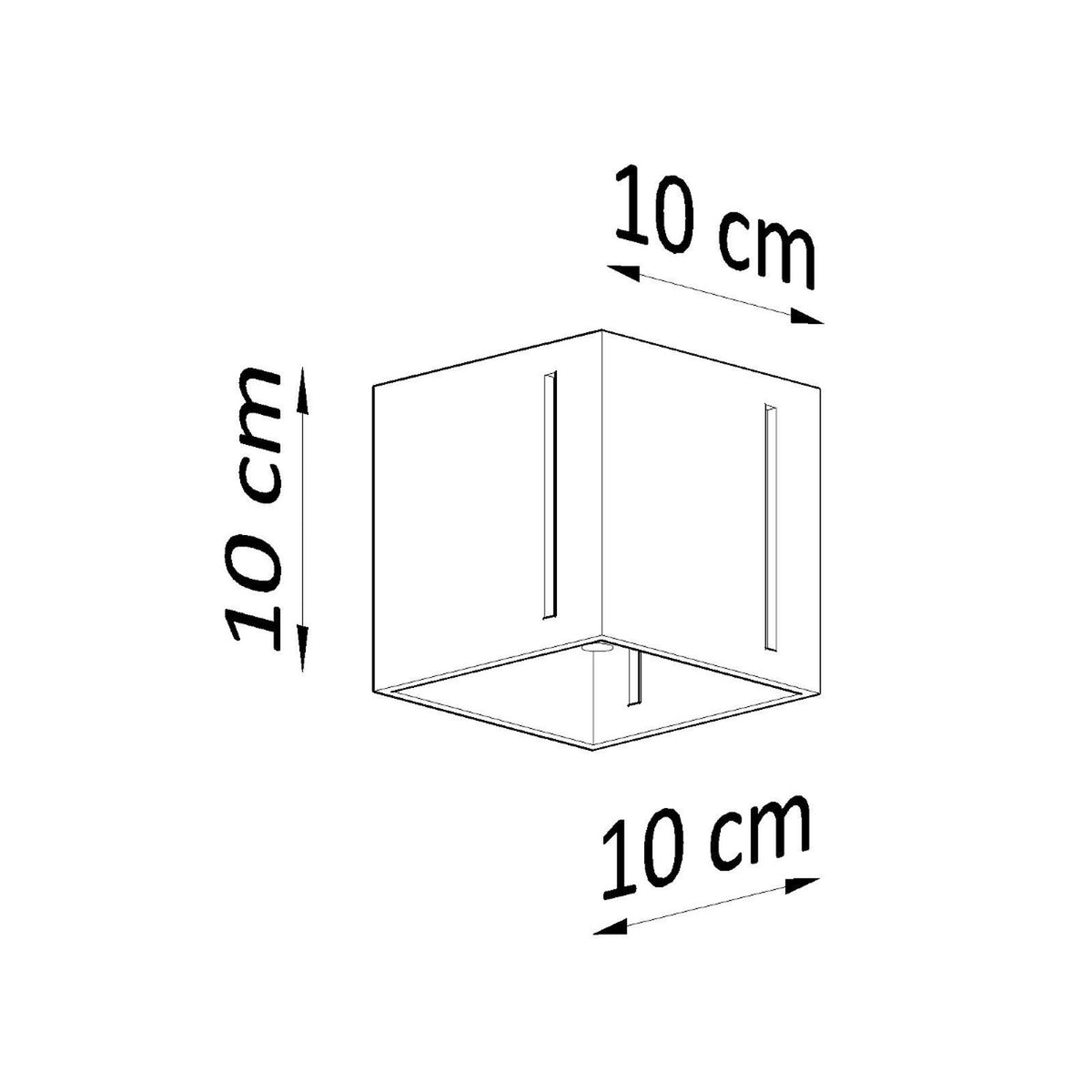 Schéma technique côté du cube : dix centimètres de largeur, hauteur et profondeur.