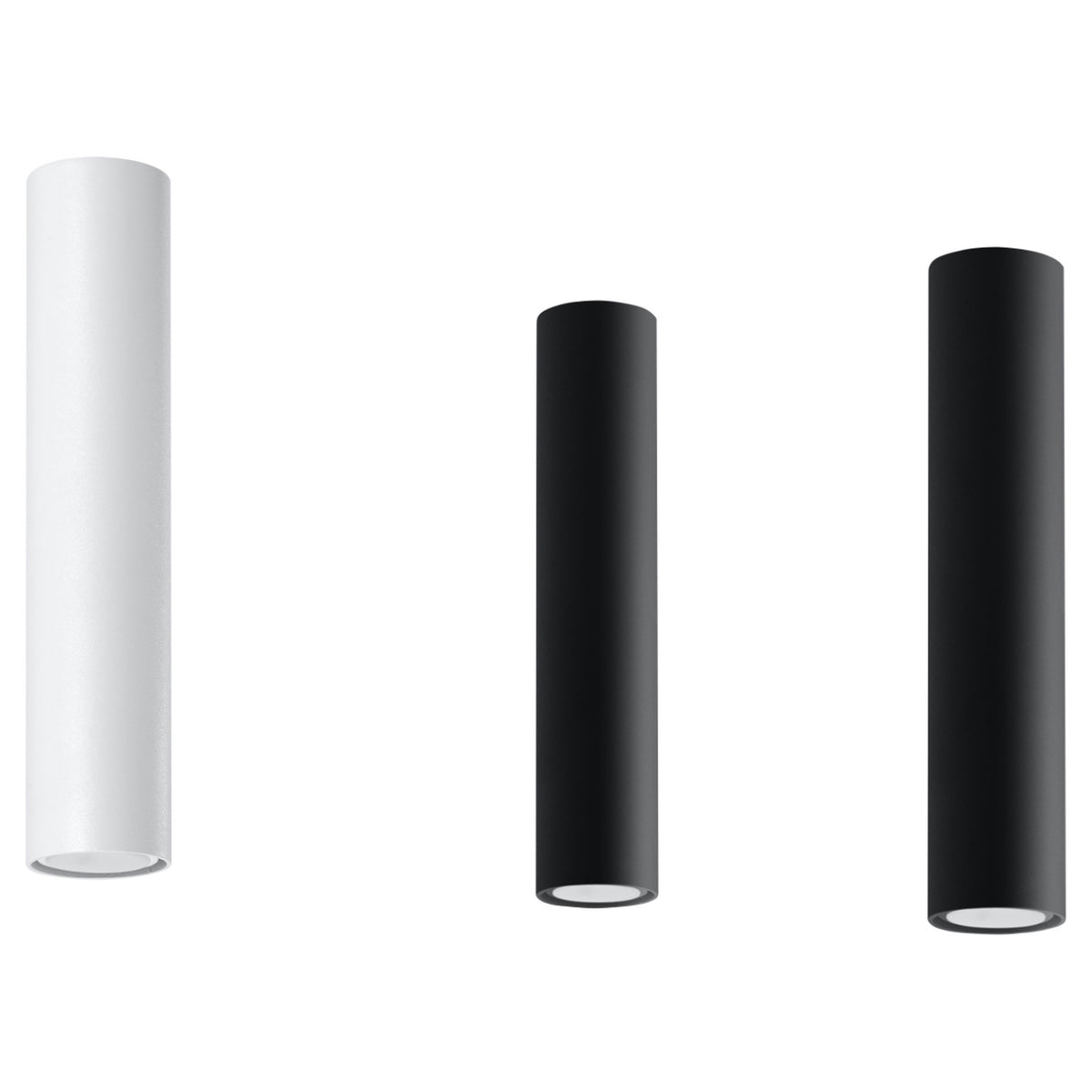Trois modèles du luminaire côte à côte, blanc et noir, tailles différentes