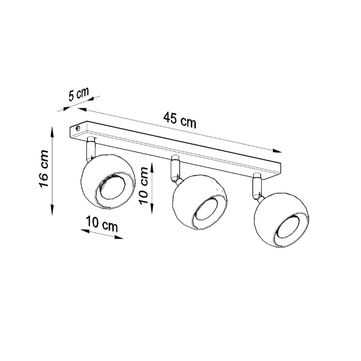 Schéma de dimensions cotées : longueur 45 cm, hauteur 16 cm, spot 10 cm